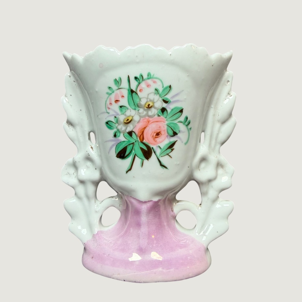Vintage Hand Painted Floral Porcelain Spill Vase Pink White Scalloped Edge